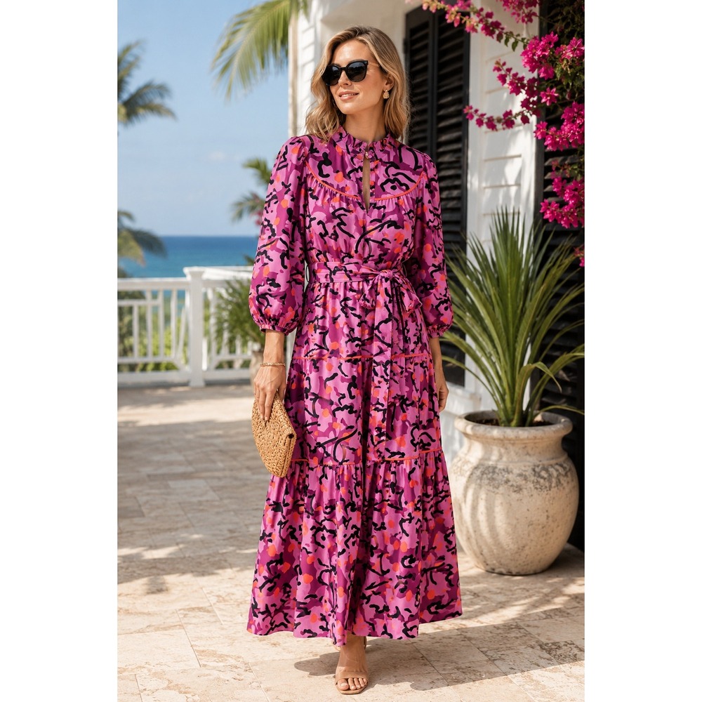Tuckernuck Crosby Delphine Resortwear‎ Boho Floral Print Dress XS Pink Maxi LS